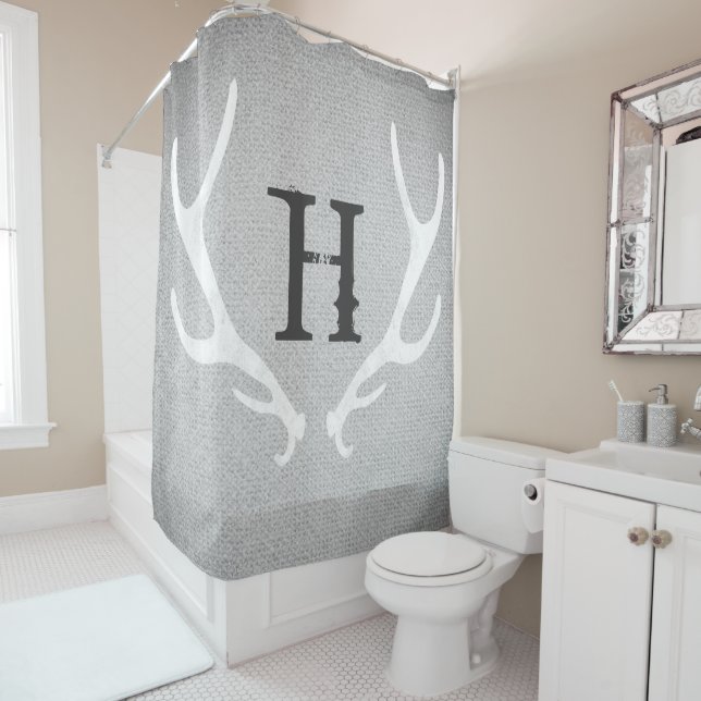Rideaux De Douche Russe Blanc & Gris Cerfs Antlers Burlap Pays (En situation)
