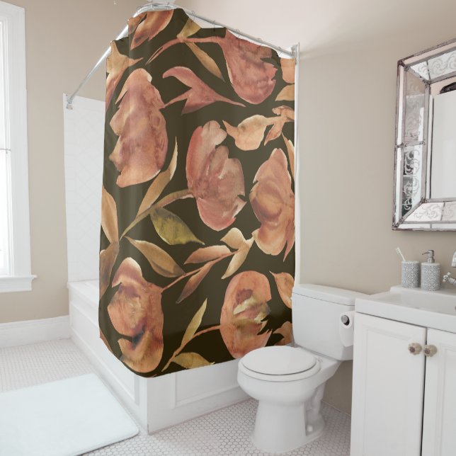 Rideaux De Douche Rust Terracotta Aquarelle Tulipes florales Noir (En situation)