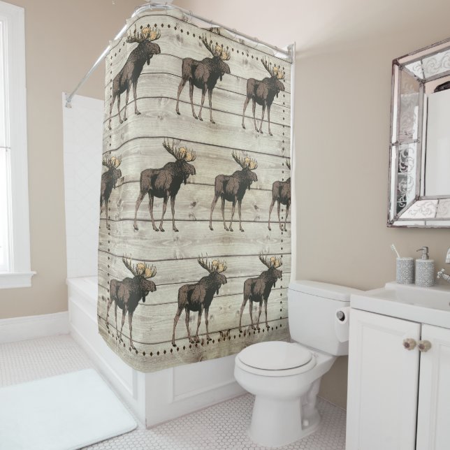 Rideaux De Douche Rustic Wood Walking Moose Nom de famille (En situation)