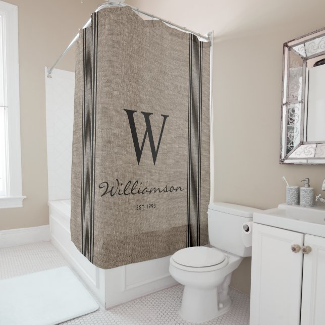 Rideaux De Douche Rustique Agritourisme Ticking Strip Burlap Monogra (En situation)