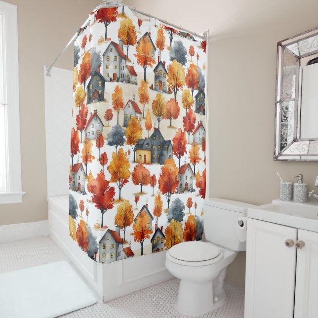 Rideaux De Douche Rustique Aquarelle bois Motif Village (En situation)
