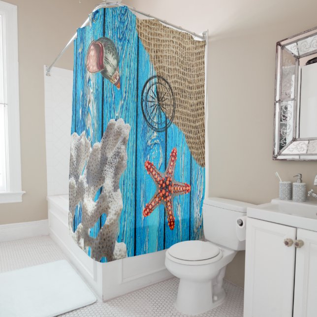 Rideaux De Douche Rustique Nautique Bleu Burlap Starfish (En situation)