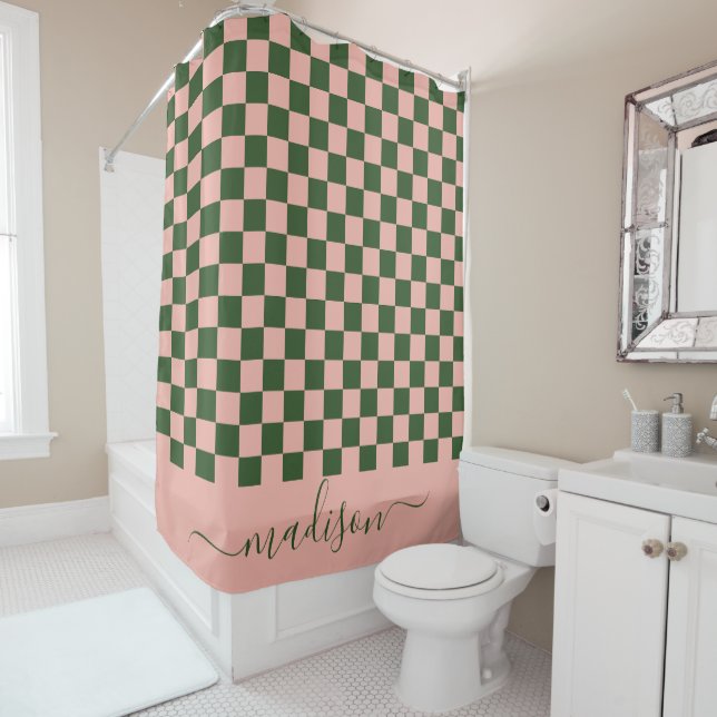 Rideaux De Douche Sage vert et rose À damiers esthétique (En situation)
