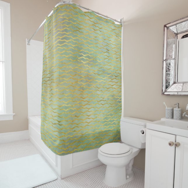 Rideaux De Douche Sage Vert & Or Aquarelle Wave Stripes (En situation)