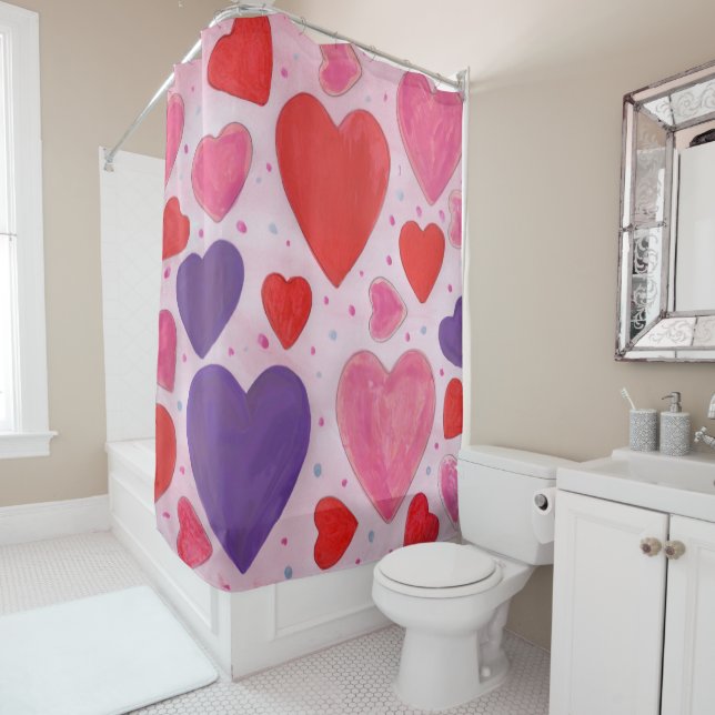Rideaux De Douche Saint Valentin Coeurs en rose, violet et rouge (En situation)