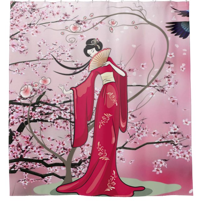 Rideaux De Douche Saison Automne Dame Japonaise À Kimono (Devant)