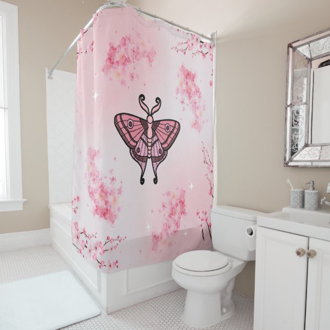 Rideaux De Douche Sakura Bliss, Pink Moth, Arrière - plan Sakura (En situation)