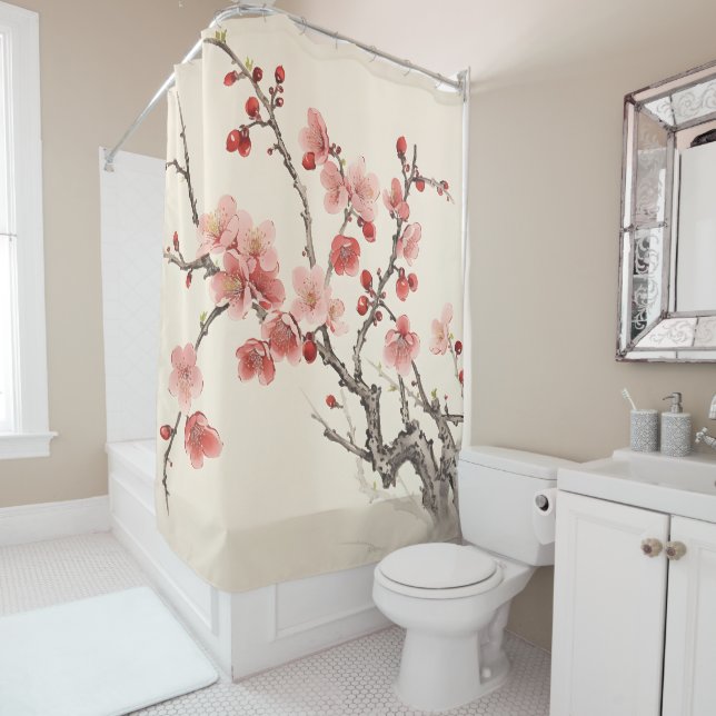 Rideaux De Douche Sakura en fleurs peinture traditionnelle (En situation)