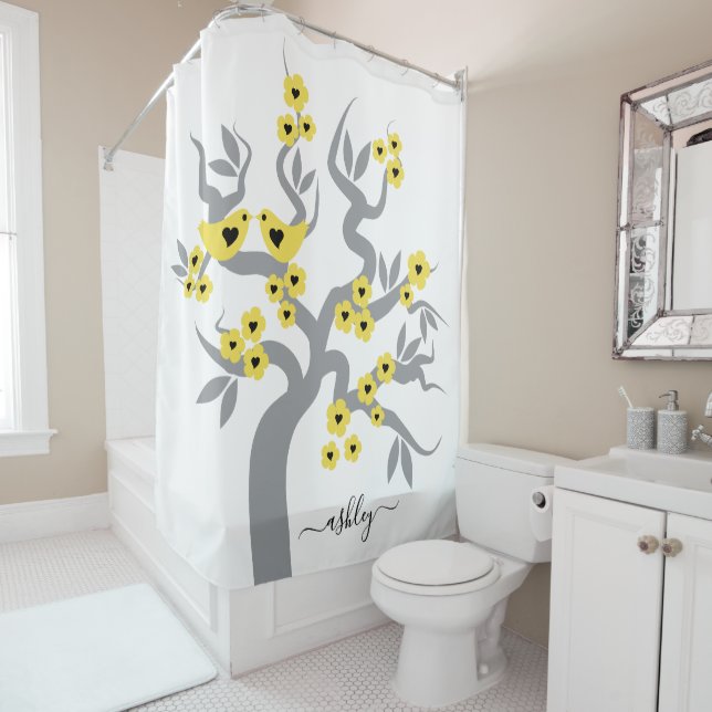 Rideaux De Douche Sakura jaune gris cerisier fleurs inséparables (En situation)