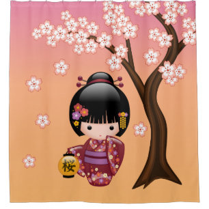 Rideaux De Douche Sakura Kokeshi Doll Geisha Girl sur Jaune