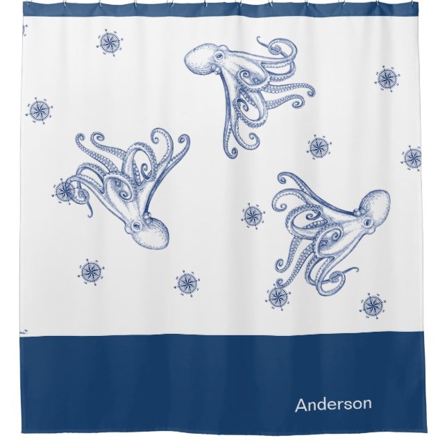 Rideaux De Douche Salle de bain octopus bleu et blanc (Devant)