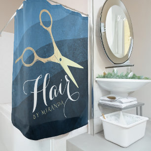 Rideaux De Douche Salon des cheveux Coiffeuse Ciseaux bleu et or mod