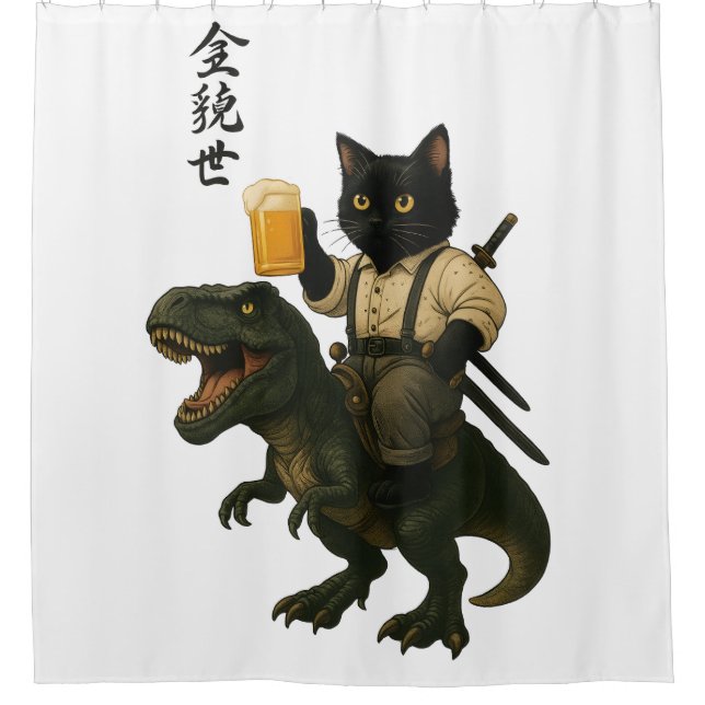 Rideaux De Douche Samurai Cat with Beer & T-Rex | Retro Japanese Art (Devant)