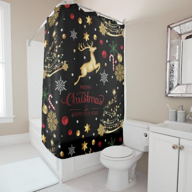 Rideaux De Douche Sapin de Noël Joyeux Rouge (En situation)