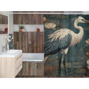 Rideaux De Douche scène botanique vintage grue bleue et lotus aussi