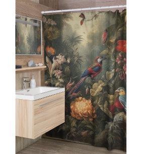 Rideaux De Douche Scène botanique vintage oiseaux fleurs au paradis