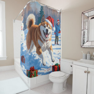 Rideaux De Douche Scène de neige festive d'Akita Noël