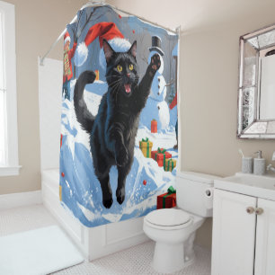 Rideaux De Douche Scène de neige festive de Noël Black Cat