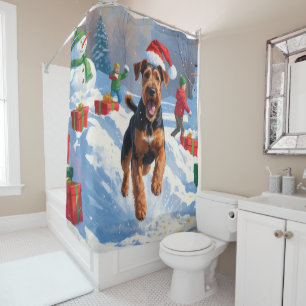 Rideaux De Douche Scène de neige festive de Noël d'Airedale