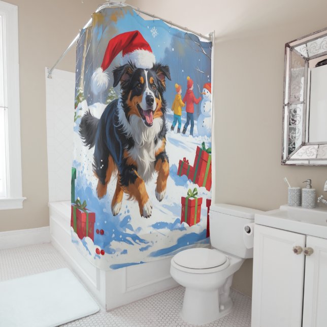 Rideaux De Douche Scène de Noël du berger australien (En situation)