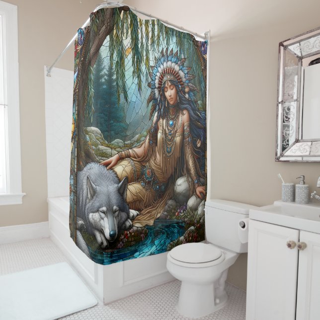 Rideaux De Douche Scène fluviale paisible avec Amérindiens et loups (En situation)
