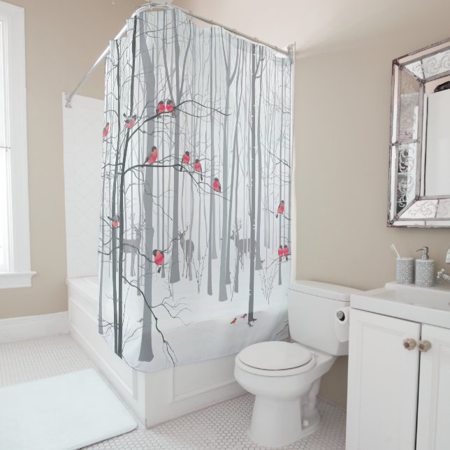 Rideaux De Douche Scène hivernale avec cerfs et oiseaux (En situation)