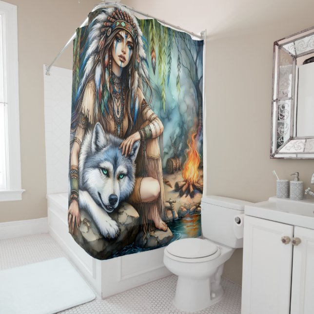 Rideaux De Douche Scène tranquille : Amérindiens et loups par l'eau (En situation)