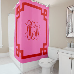 Rideaux De Douche Script de Vigne rouge rose chaud Monogramme Clé gr