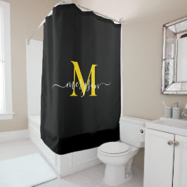 Rideaux De Douche Script d'or noir féminin, nom de monogramme élégan
