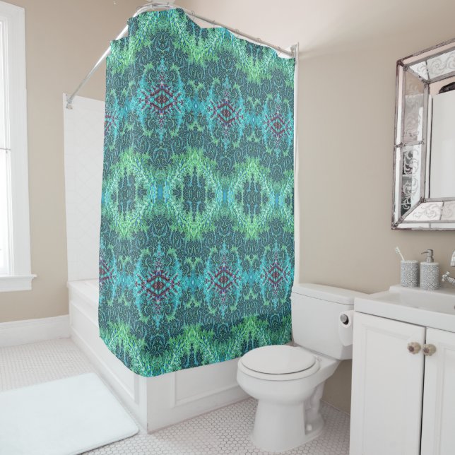 Rideaux De Douche Sea Green Aqua Blue Fancy Motif fractal (En situation)
