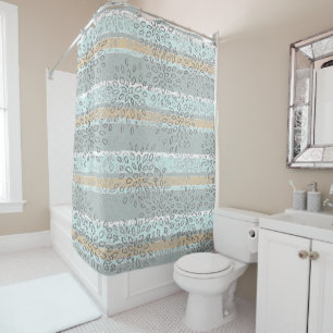 Rideaux De Douche Sea Green Tan Stripes Gris Blanc Feuille Motif