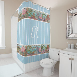 Rideaux De Douche Sea Life Vintage Blue Ocean Fish Corail Monogramme