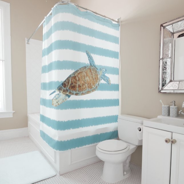 Rideaux De Douche Sea Turtle Art Blue Stripes (En situation)