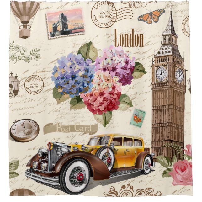 Rideaux De Douche Seamless London vintage background with retro car, (Devant)
