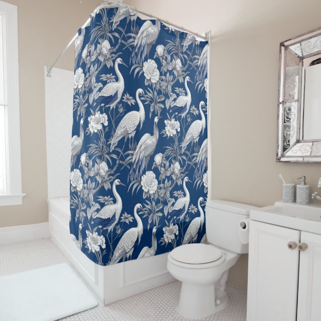 Rideaux De Douche Série Chinoserie bleu et blanc Design 7 (En situation)