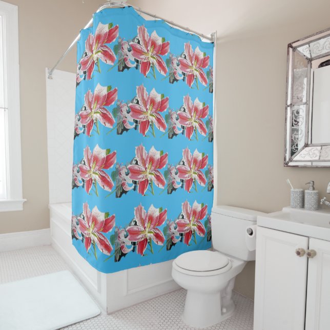 Rideaux De Douche Shabby Bleu Rouge Lys fleurs florales Douche ridea (En situation)