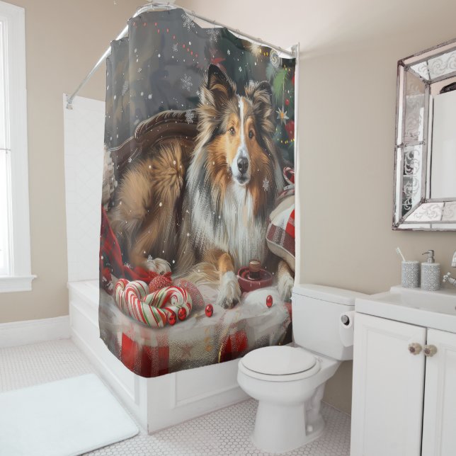 Rideaux De Douche Shetland Sheepdog Festif de Noël (En situation)