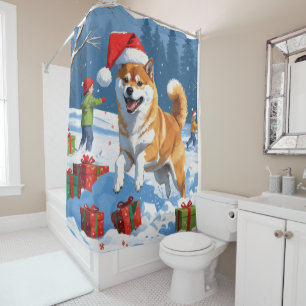 Rideaux De Douche Shiba Inu courant dans la neige avec un chapeau de