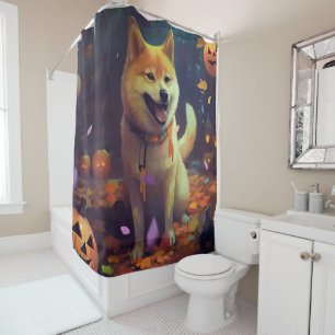 Rideaux De Douche Shiba Inu d'Halloween avec citrouilles effrayant