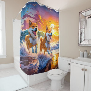 Rideaux De Douche Shiba Inu Jouer Dans Les Vagues Design : Rich AMeN