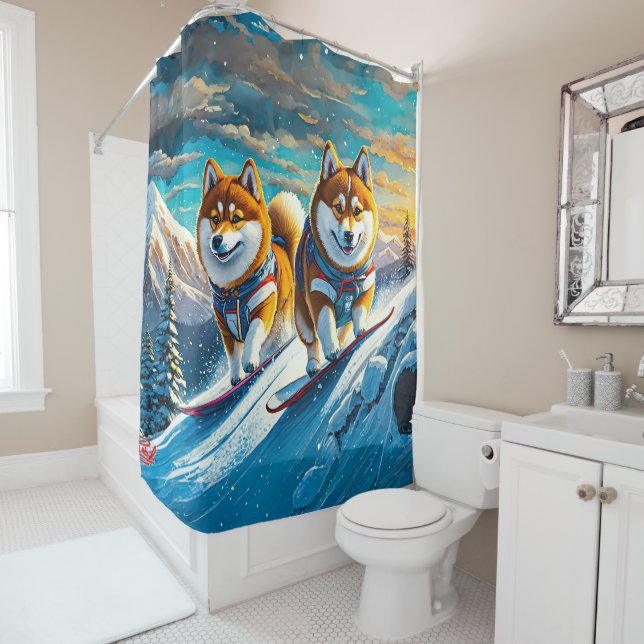 Rideaux De Douche Shiba Inu On Snowboards 02 Design : Rich AMeN Gill (En situation)