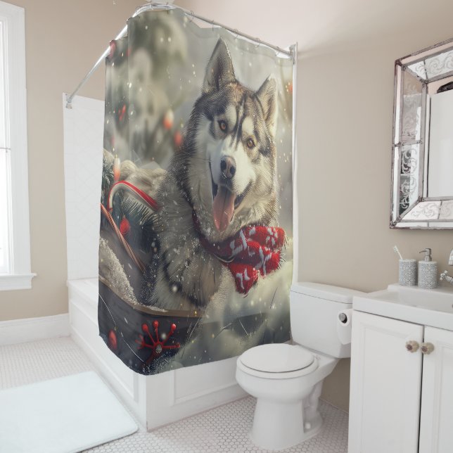 Rideaux De Douche Sibérie Husky Chien Festif de Noël (En situation)