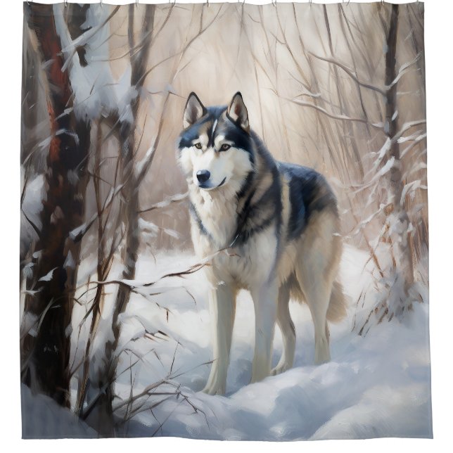 Rideaux De Douche Sibérien Husky Laisser Neige Noël (Devant)