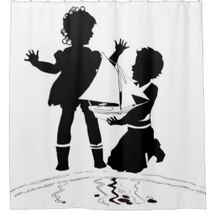 Rideaux De Douche silhouette de fille et garçon et bateau modèle