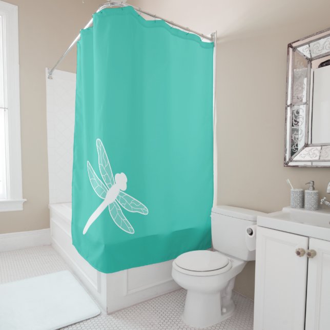 Rideaux De Douche Silhouette de libellule blanche sur Turquoise (En situation)