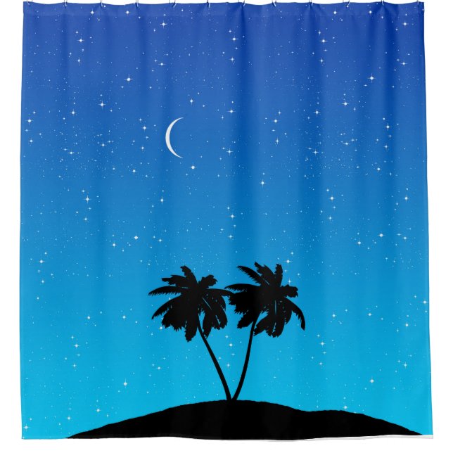 Rideaux De Douche Silhouette Palmier Contre Bleu Du Soir (Devant)