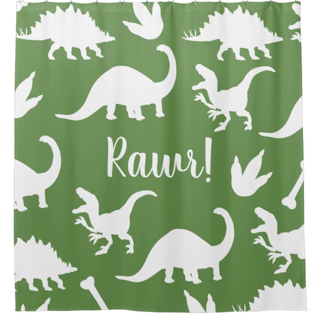 Rideaux De Douche Silhouettes de dinosaures blanches et vert (Devant)