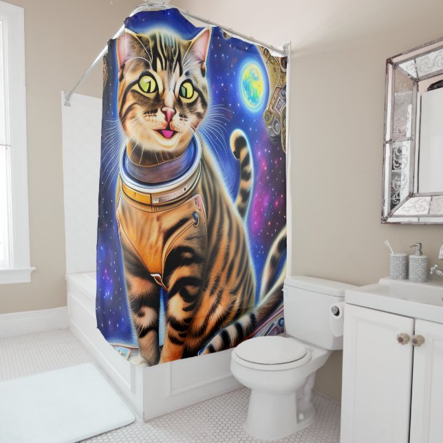 Rideaux De Douche Silly Cat in Space World Mème (En situation)