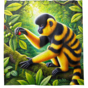 Rideaux De Douche Singe Rhinopithèque doré frappant la jungle