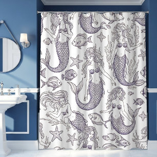 Rideaux De Douche Sirène Bleue Vintage & Motif de Vie Marine